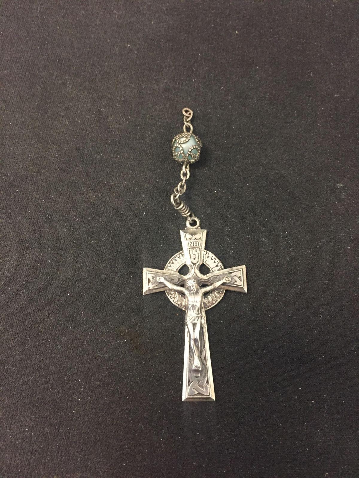 Crucifixion Motif 3" Long Sterling Silver Cross Pendant w/ Glass Bead Accent