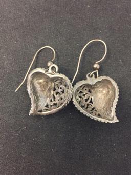 Jezlaine Designed Pair of Vintage Filigree Sterling Silver Heart Drop Earrings