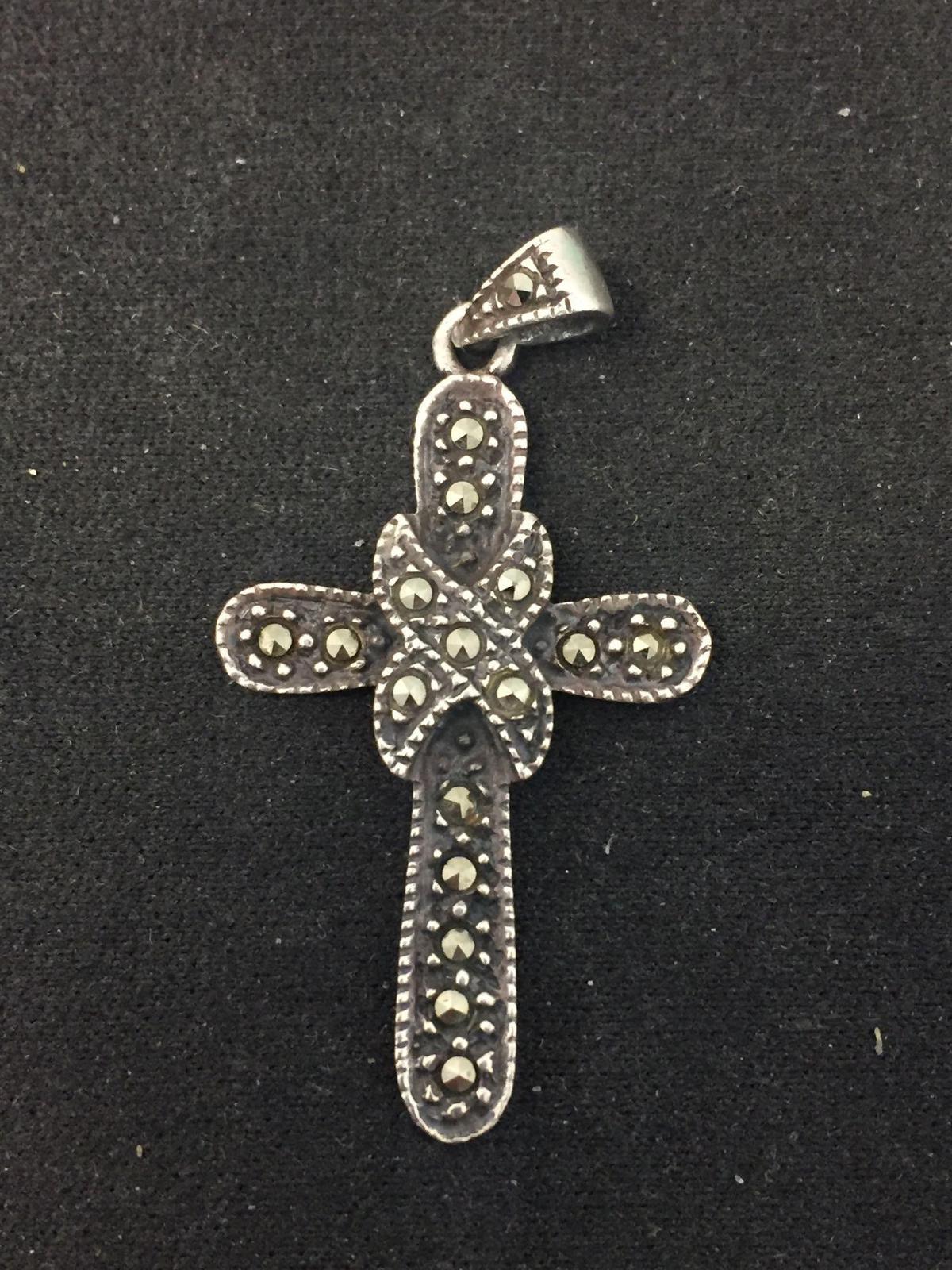 Marcasite Studded 1.5" Sterling Silver Vintage Cross Pendant