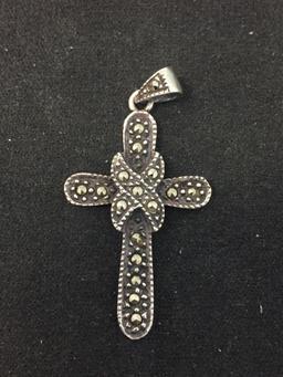 Marcasite Studded 1.5" Sterling Silver Vintage Cross Pendant