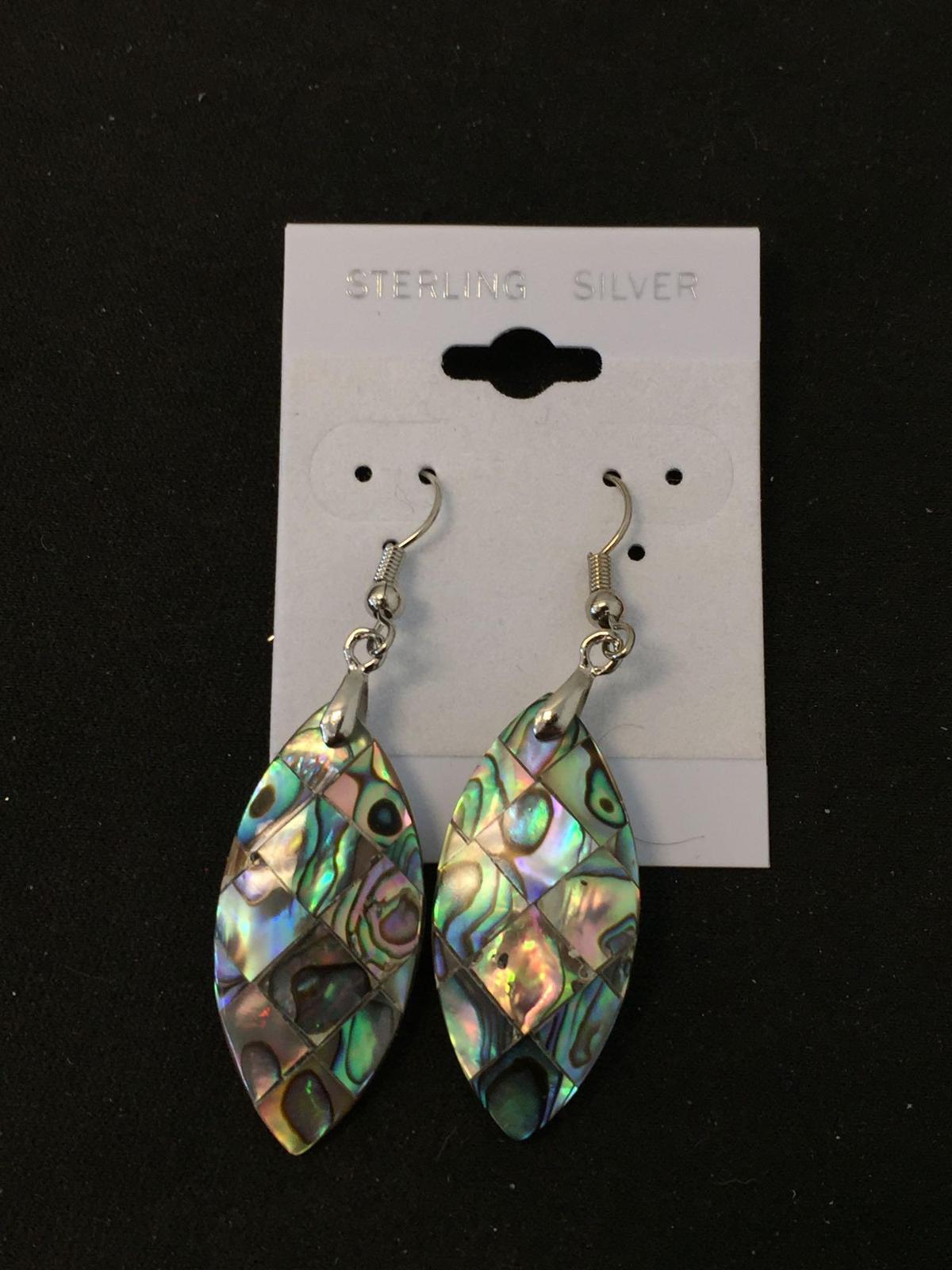 New! Marquise Shaped Abalone Shell Inlaid Pair of 1 2/8" Sterling Silver Drop Earrings - SRP$49