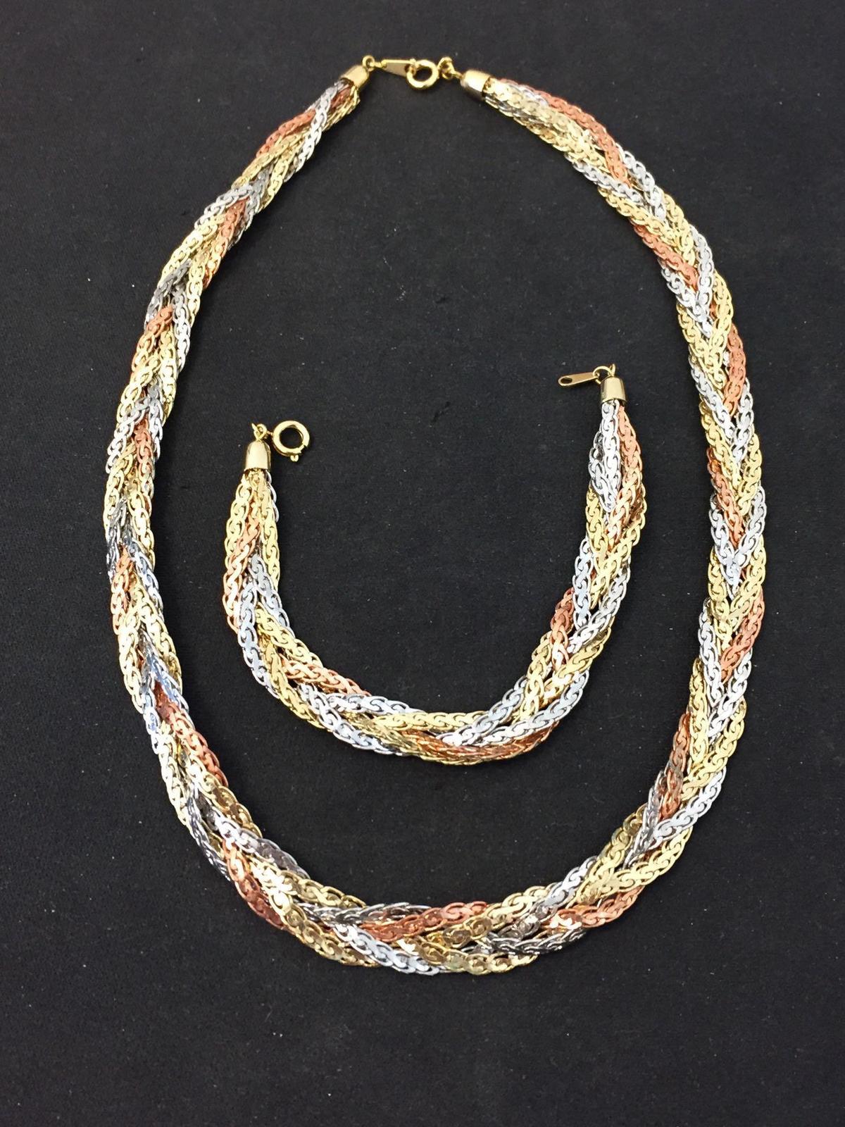 Lot of Two Matched Set 10 mm Wide Tri-Tone Woven Serpentine 18" Necklace & 7" Bracelet