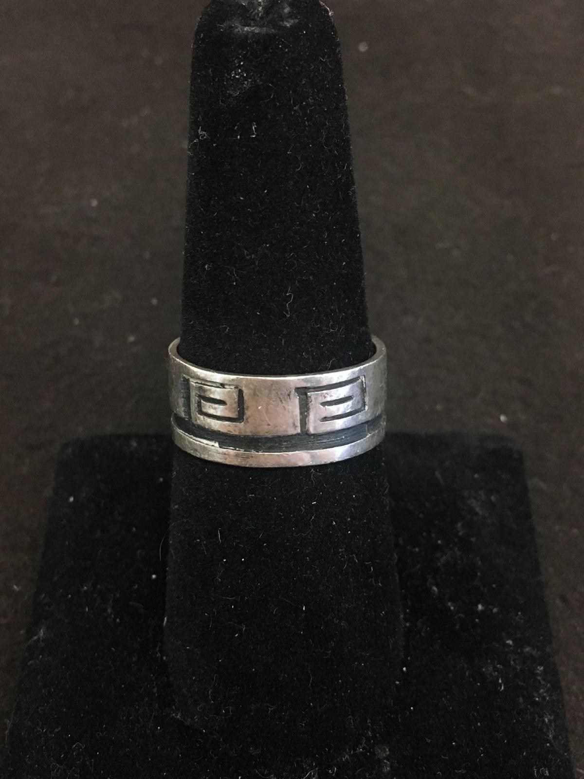 Antique Finished Greek Key Motif 8mm Wide Sterling Silver Cigar Band - Size 8