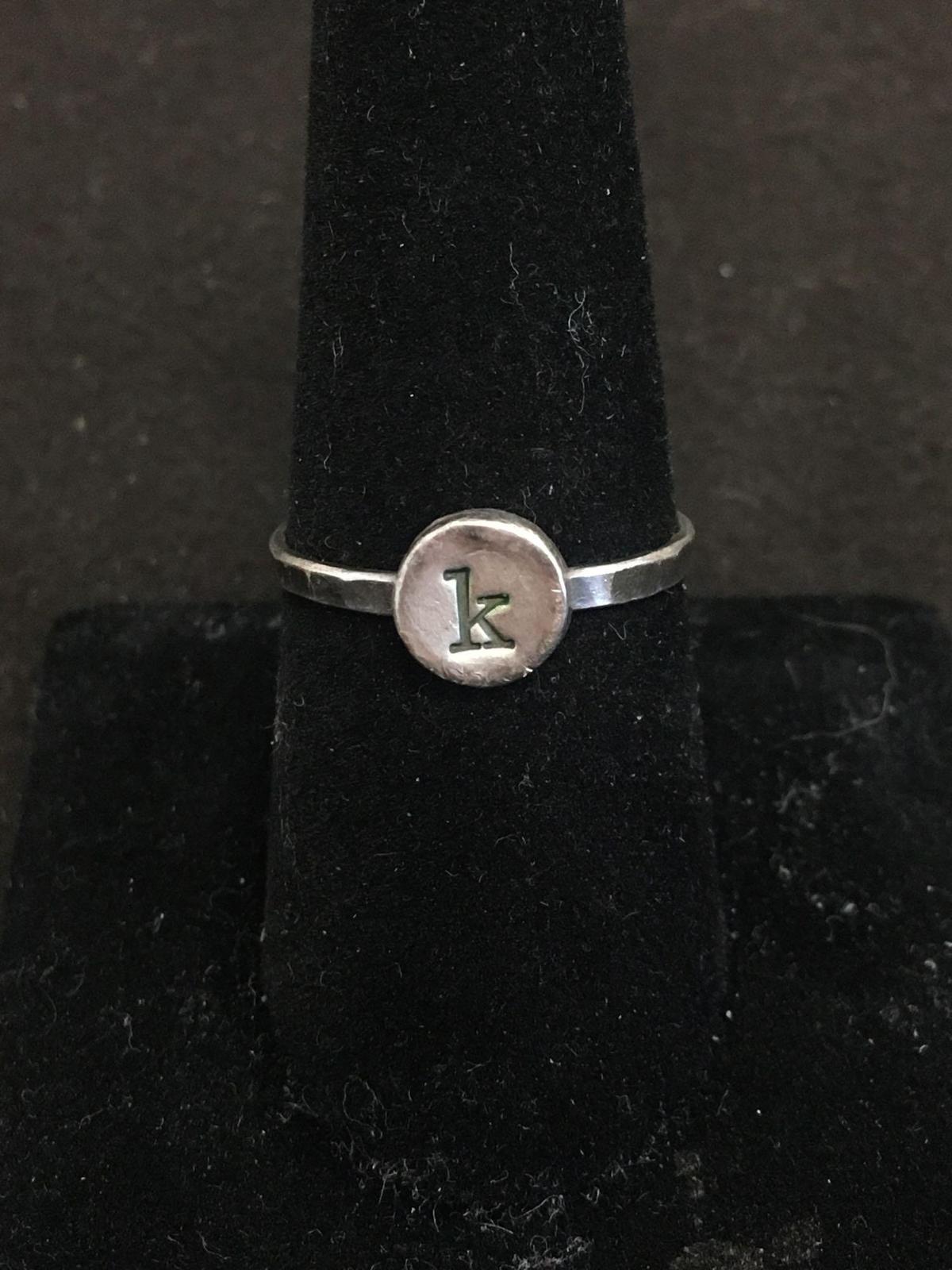 Initial "K" Motif Sterling Silver Signet Ring Band - Size 8