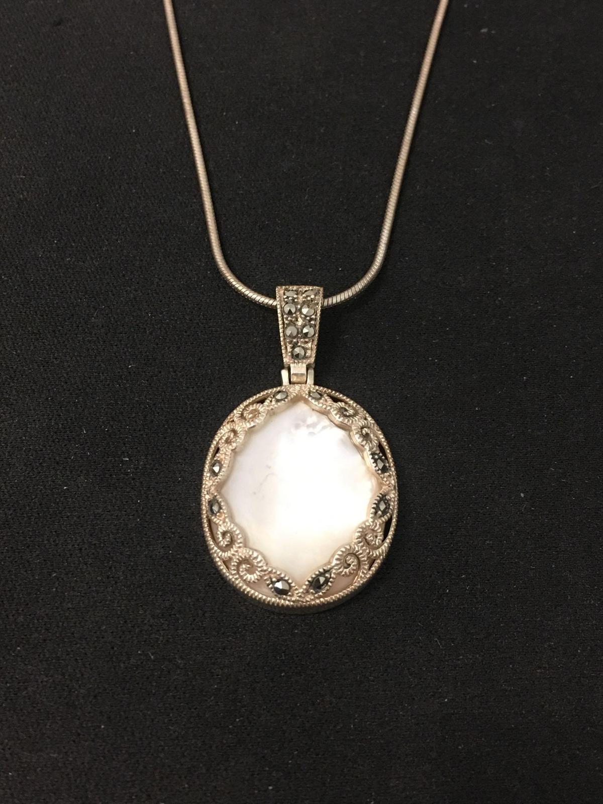 Oval Mother of Pearl Inlaid 1" Milgrain Marcasite Framed Vintage Sterling Silver Pendant & 18" Chain