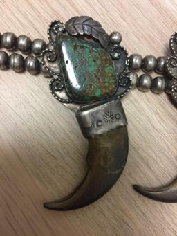 INCREDIBLE Native American Navajo "AK" Sterling Silver, Green Turquoise, & Bear Claw Squash Blossom