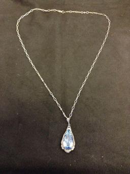 Pear Faceted 26x13mm Blue Topaz Vintage Styled Sterling Silver Pendant w/ 22" Figaro Chain-11 Grams