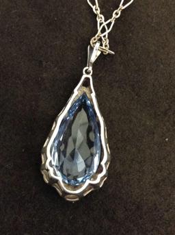 Pear Faceted 26x13mm Blue Topaz Vintage Styled Sterling Silver Pendant w/ 22" Figaro Chain-11 Grams