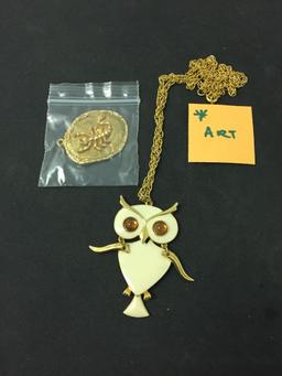 Lot of Two Gold-Tone Alloy Art Designed Jewelry Items, One 28" Owl Motif Necklace & Oval Scorpion