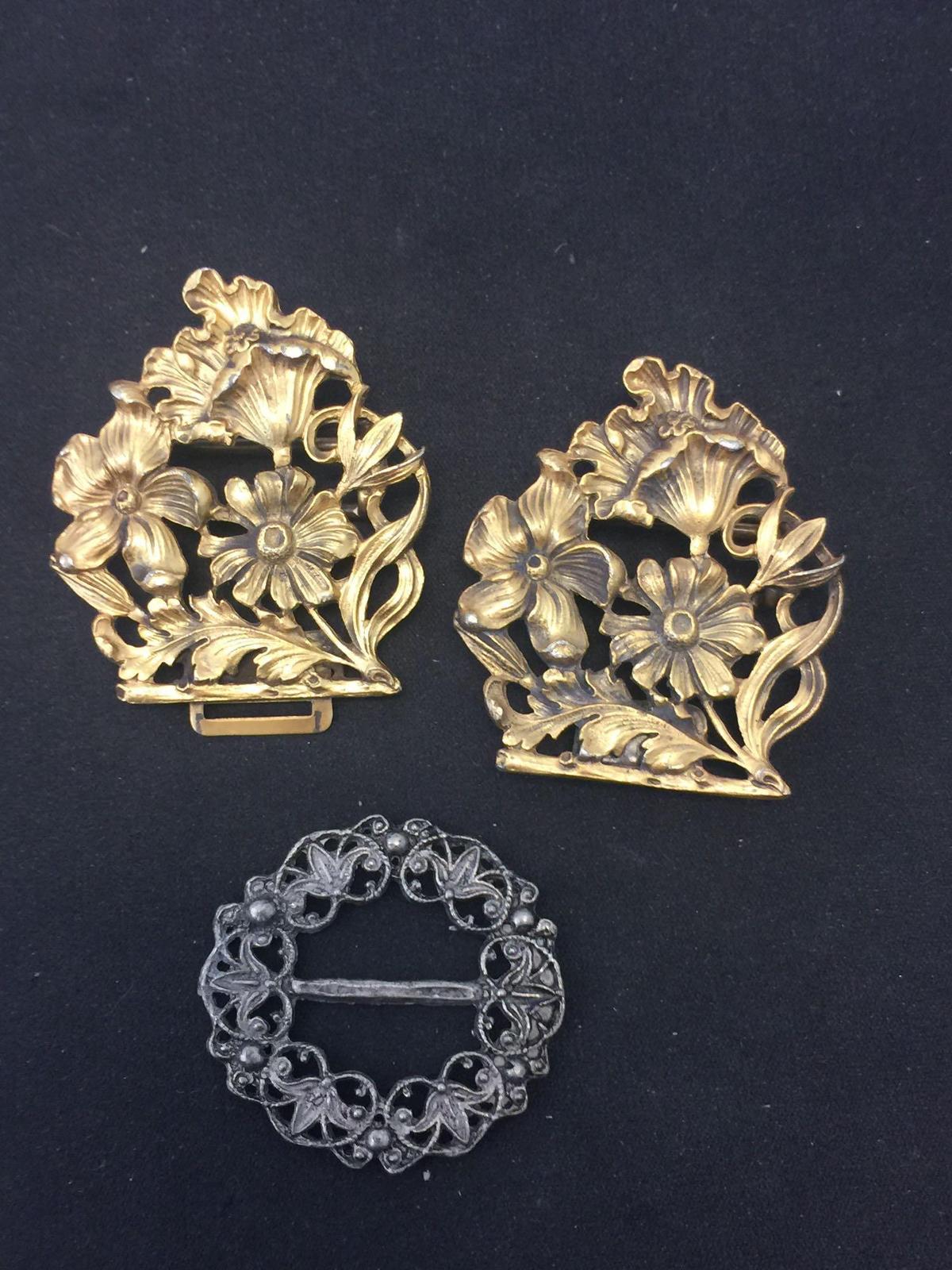 Lot of Three Flower Blossom Motif Gold & Silver-Tone Alloy Buckles