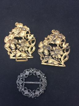 Lot of Three Flower Blossom Motif Gold & Silver-Tone Alloy Buckles