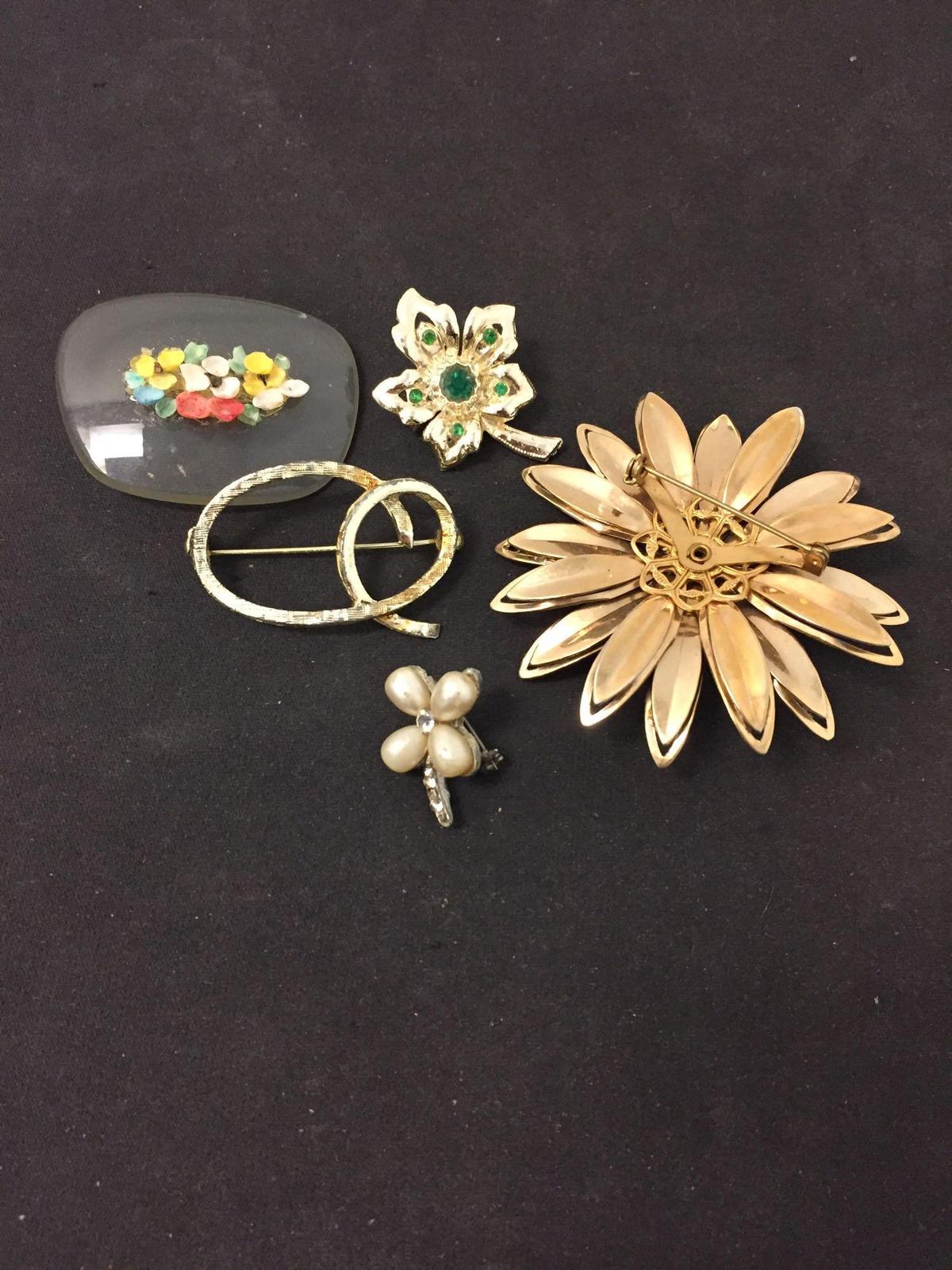 Lot of Five Various Size, Shape & Styled Fashion Alloy Brooches