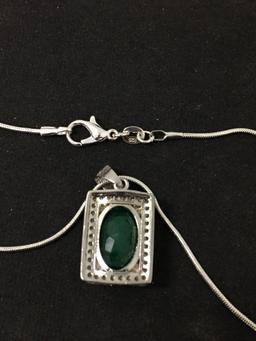 New! Gorgeous Natural Oval Shape African Emerald w/ CZ Accents 1.25" Sterling Silver Pendant w/