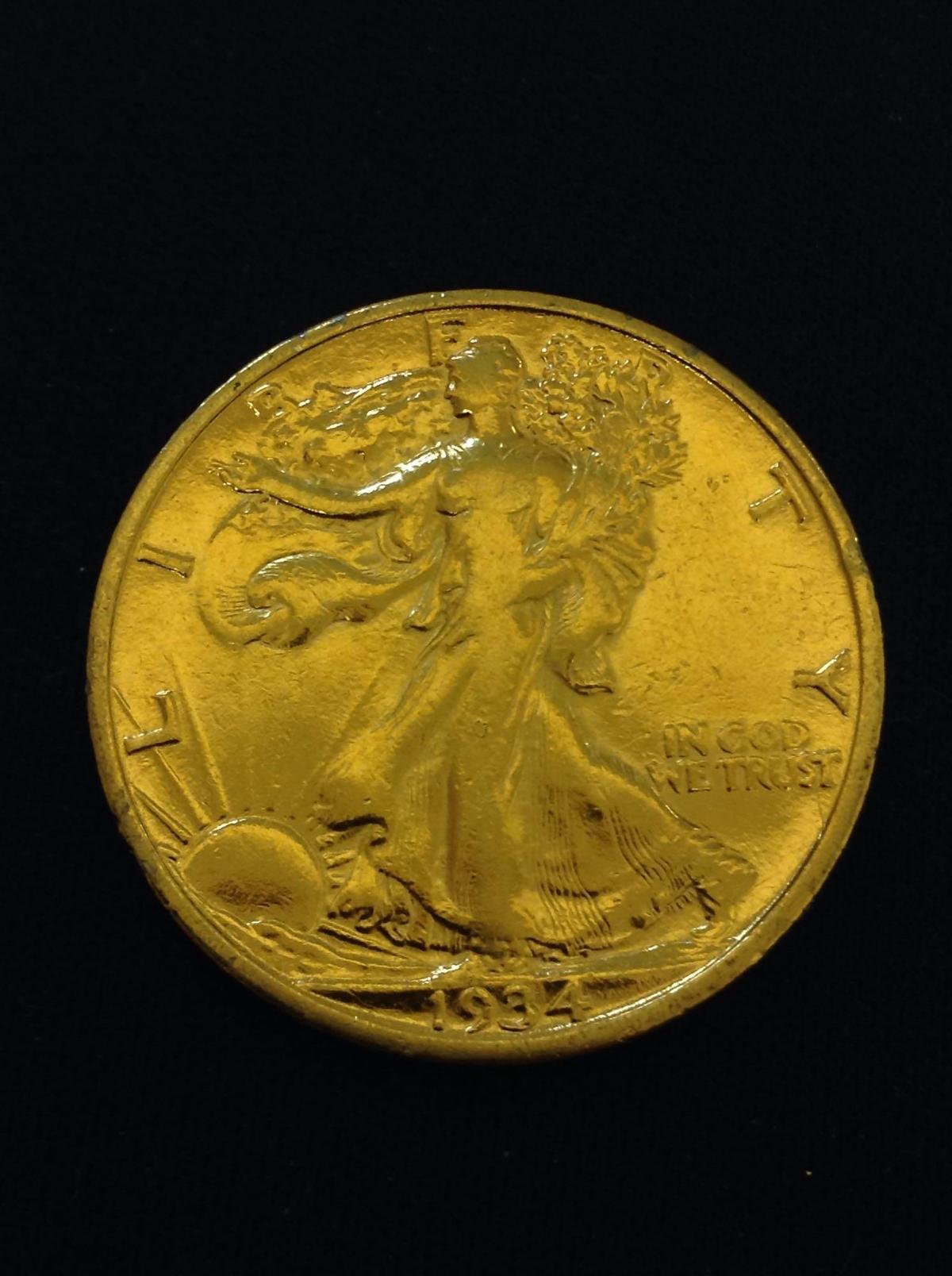 Gold Plated 1934 United States Walking Liberty Silver Half Dollar - 90% Silver Coin from Collection