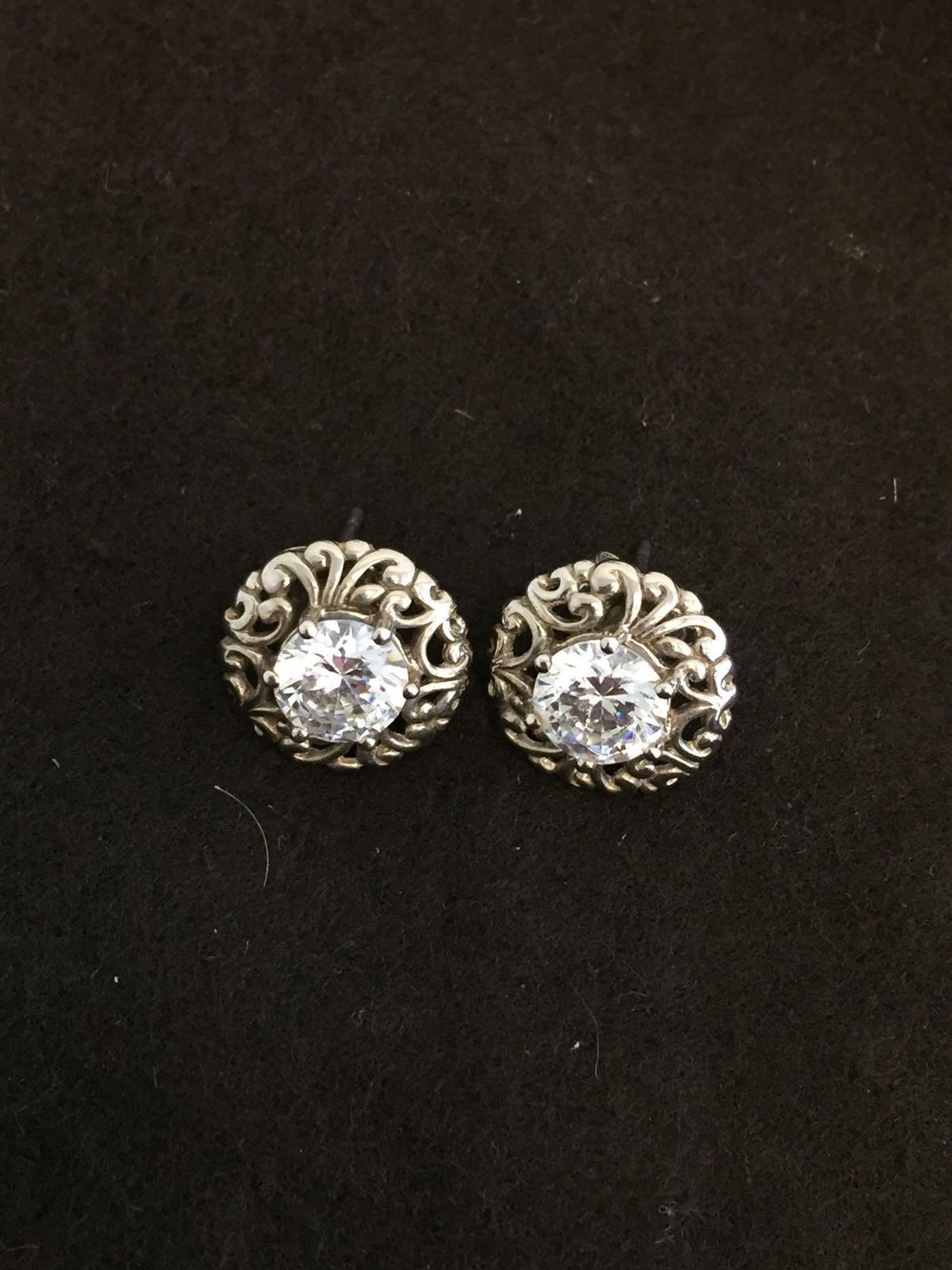 Round Faceted 7.0mm Zircon Filigree Accented Pair of Sterling Silver Button Earrings