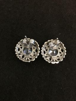 Round Faceted 7.0mm Zircon Filigree Accented Pair of Sterling Silver Button Earrings