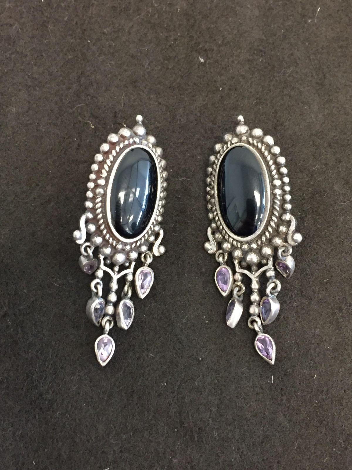 Oval Onyx Cabochon Accented w/ Pear Faceted Zircon Vintage Style 2" Long Pair of Sterling Silver