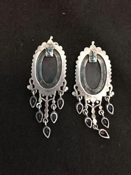 Oval Onyx Cabochon Accented w/ Pear Faceted Zircon Vintage Style 2" Long Pair of Sterling Silver