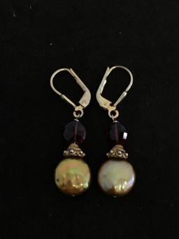 Copper Colored Baroque Pearl w/ Garnet Accented Gold-Tone 1.5" Long Pair of Sterling Silver Earrings