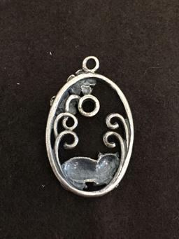 Flower Blossom & Cuddled Feline Themed 1.25" Long Oval Sterling Silver Pendant