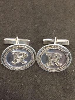 Round 21mm Antique Finished Laser Cut Accented Initial "R" Pair of Sterling Silver Cufflinks