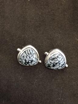 Triangular Cabochon Fashioned Snowflake Obsidian Pair of Sterling Silver Earrings