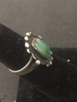 Oval Turquoise Cabochon Center 20mm Long Vintage Styled Sterling Silver Ring Band-Size 5