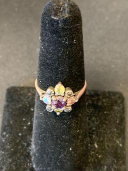 Multi-Colored Gemstone Cluster 17mm Wide Vintage Marcasite Accented Sterling Silver Ring Band-Size 6