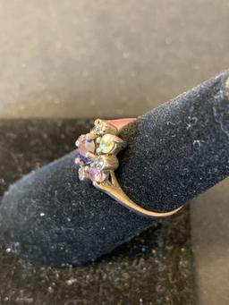 Multi-Colored Gemstone Cluster 17mm Wide Vintage Marcasite Accented Sterling Silver Ring Band-Size 6