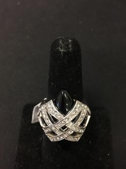 Marquise 30x12mm Onyx Cabochon w/ Criss-Cross Zircon Ribbon Accents Sterling Silver Ring Band-Size 9