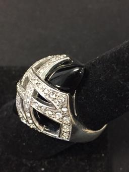 Marquise 30x12mm Onyx Cabochon w/ Criss-Cross Zircon Ribbon Accents Sterling Silver Ring Band-Size 9