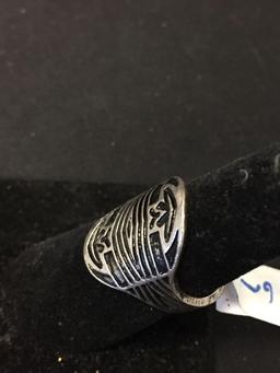 Antique Finished Old Pawn Native American Tribal Themed 22mm Wide Tapered Sterling Silver Ring