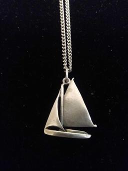 O'Brien Designed 1.25" Long Handmade Sailboat Sterling Silver Pendant w/ 24" Curb Link Chain