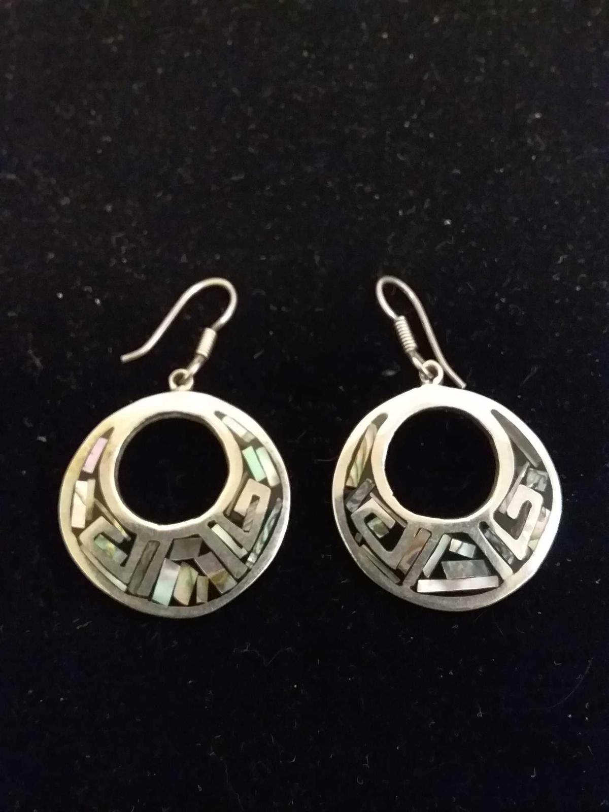 Taxco Made Abalone Inlaid Aztec Designed Round 28mm Pair of Sterling Silver Earrings