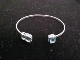 Filigree Design Three Rectangular Faceted Blue Topaz 3mm Wide Cuff Sterling Silver Bracelet