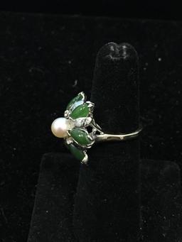 Interesting 20mm Floral Design w/ Six Green Jade Petals & 6mm White Pearl Center 14kt White Gold