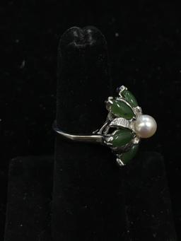 Interesting 20mm Floral Design w/ Six Green Jade Petals & 6mm White Pearl Center 14kt White Gold