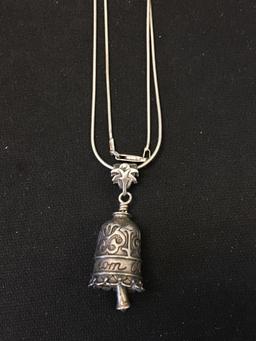 Mom Motif 2" Long Sterling Silver Filigree Decorated Bell Pendant w/ 24" Long Snake Chain