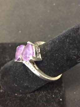 Twin Trillion Faceted 8x8x8mm Amethyst w/ Graduating CZ Accents Sterling Silver Bypass Ring