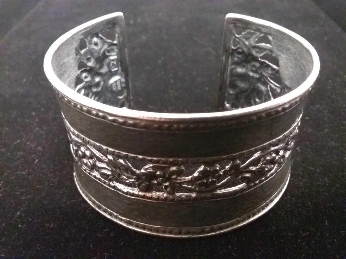 PZ Designed Israeli Made Hammer Finished Floral Decorated Extra Large 35mm Wide Sterling Silver Cuff