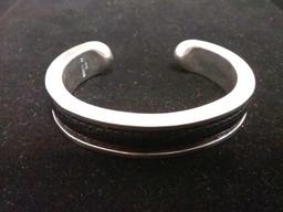 Black Leather Inlay Accented Large 14mm Wide Sterling Silver Cuff Bracelet - 25 Grams