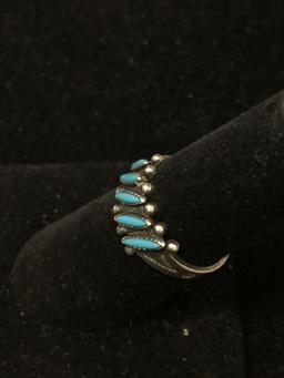 Five Thin Matched Turquoise Cabochons Old Pawn Native American Style Sterling Silver Ring Band-Size