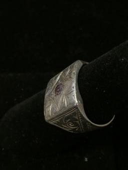 Signed Designer 15mm Tapered Wide Filigree Engraving Decorated Sterling Silver Ring Band w/ Round