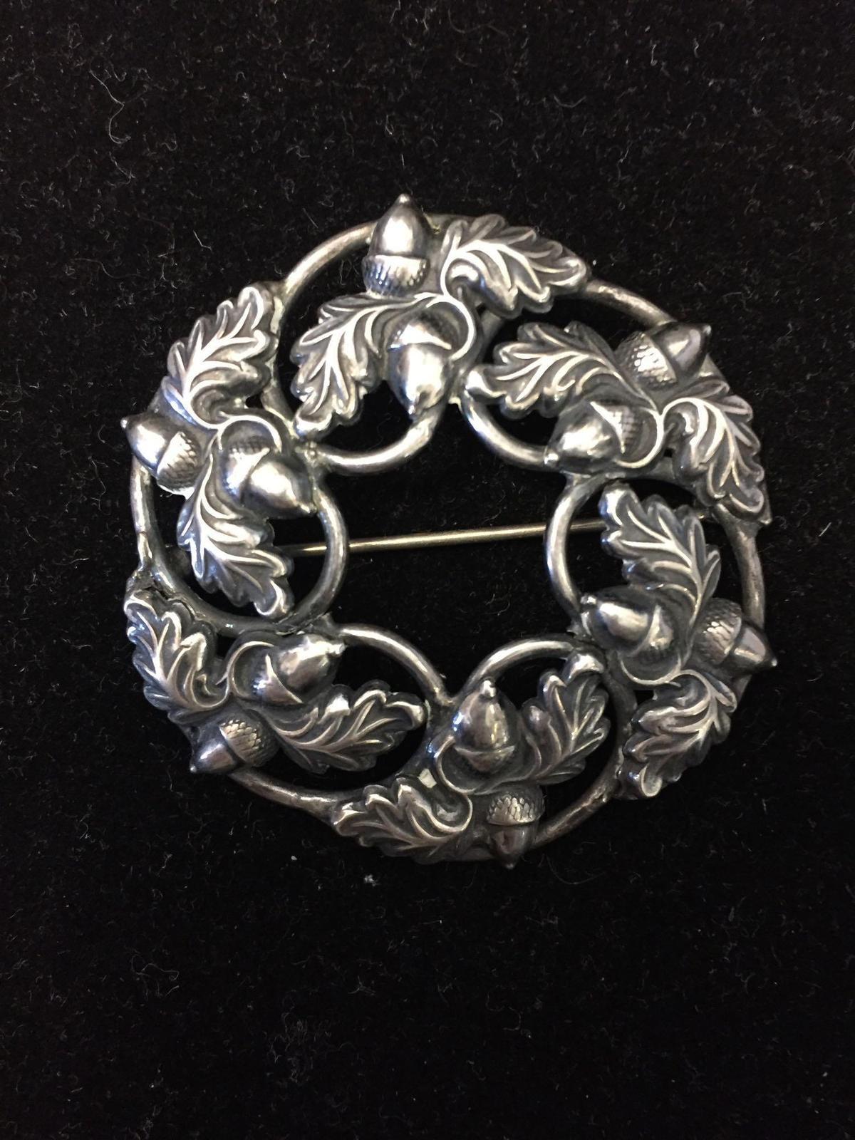 Signed Designer Acorn & Leaf Detailed Round 2in Diameter Sterling Silver Brooch