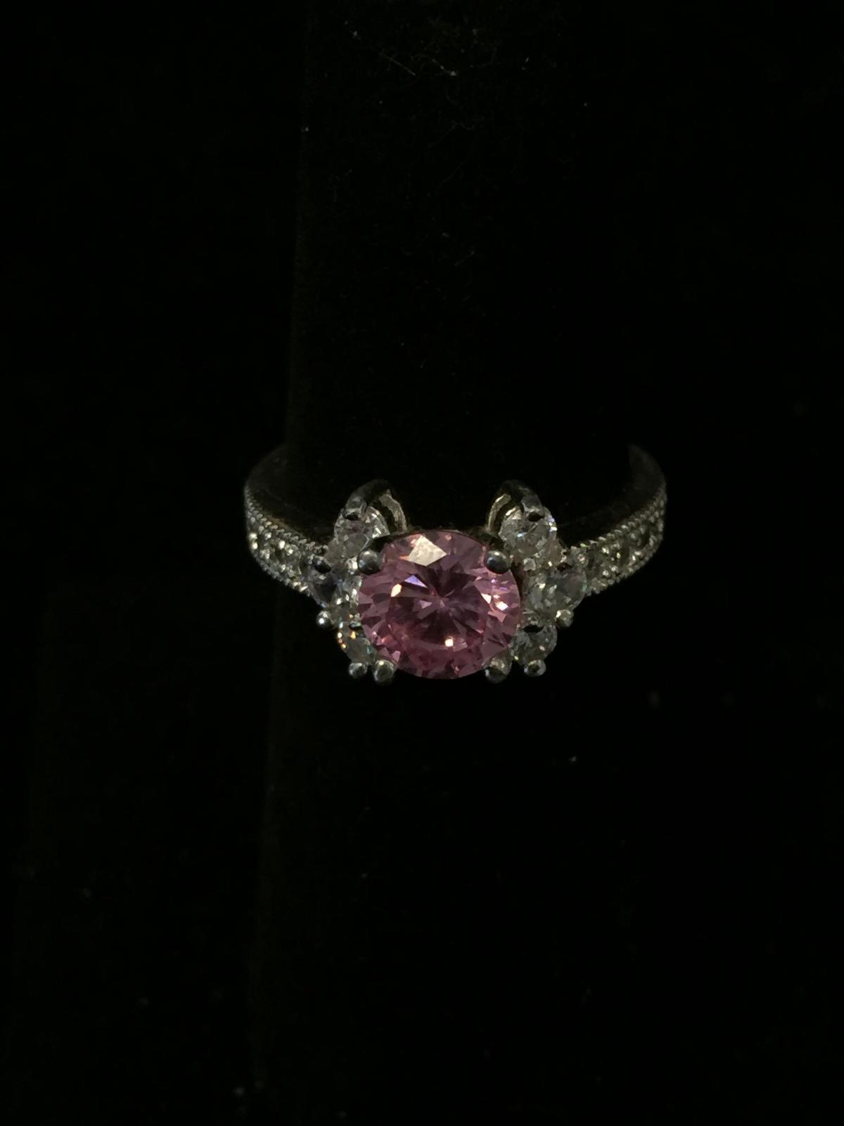 Round Faceted 6.5mm Pink Zircon Center w/ White Zircon Sides Sterling Silver Ring Band-Size 6.5