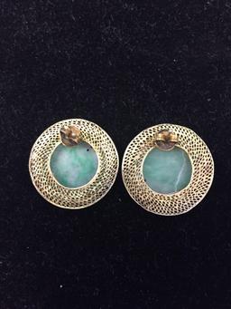 Asian Inspired Hand-Carved Round 23mm Green Jade Pair of Gold-Tone Sterling Silver Button Earrings