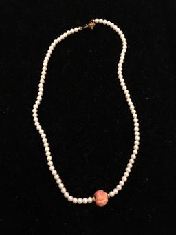 Asian Inspired 11mm Round Hand-Carved Pink Coral Bead w/ White Faux Pearl 16" Strand Monet Designed