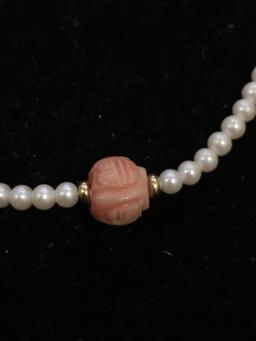 Asian Inspired 11mm Round Hand-Carved Pink Coral Bead w/ White Faux Pearl 16" Strand Monet Designed