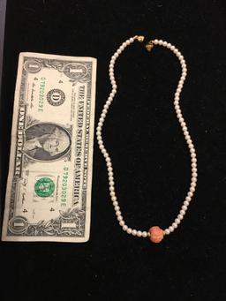 Asian Inspired 11mm Round Hand-Carved Pink Coral Bead w/ White Faux Pearl 16" Strand Monet Designed