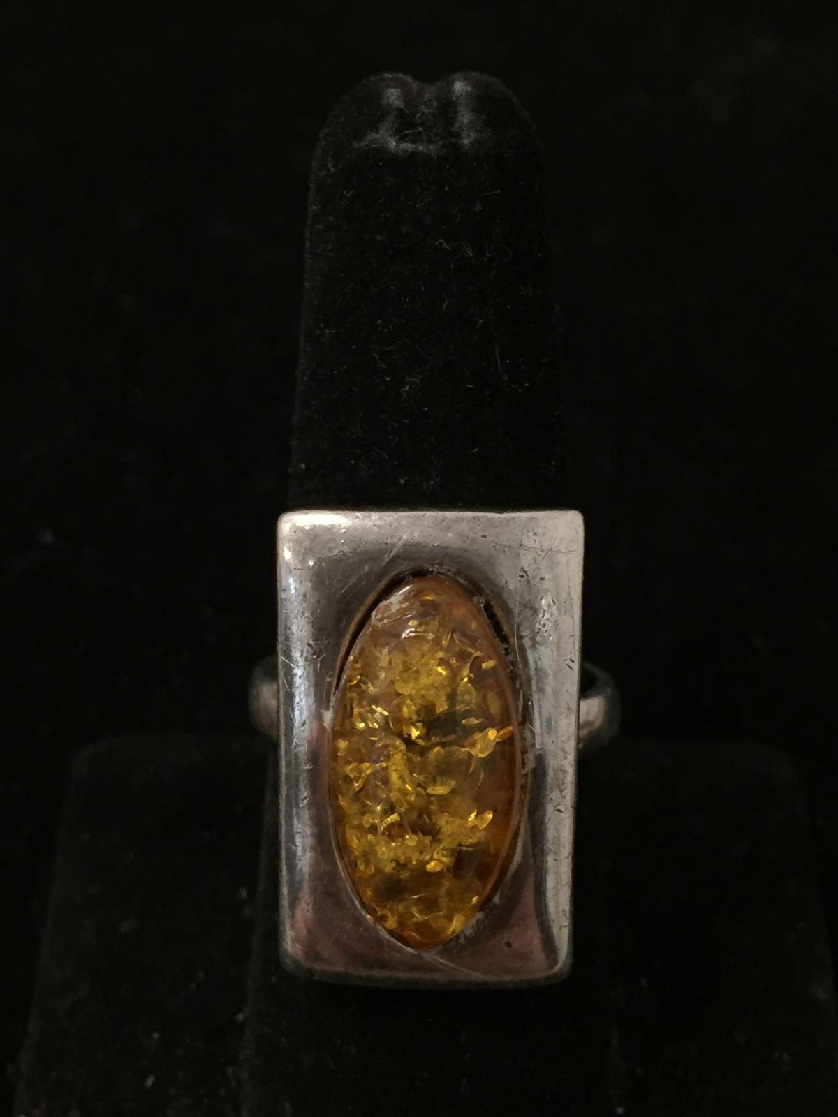 Antique Sterling Silver & Butterscotch Baltic Amber Thick Ring Sz 8